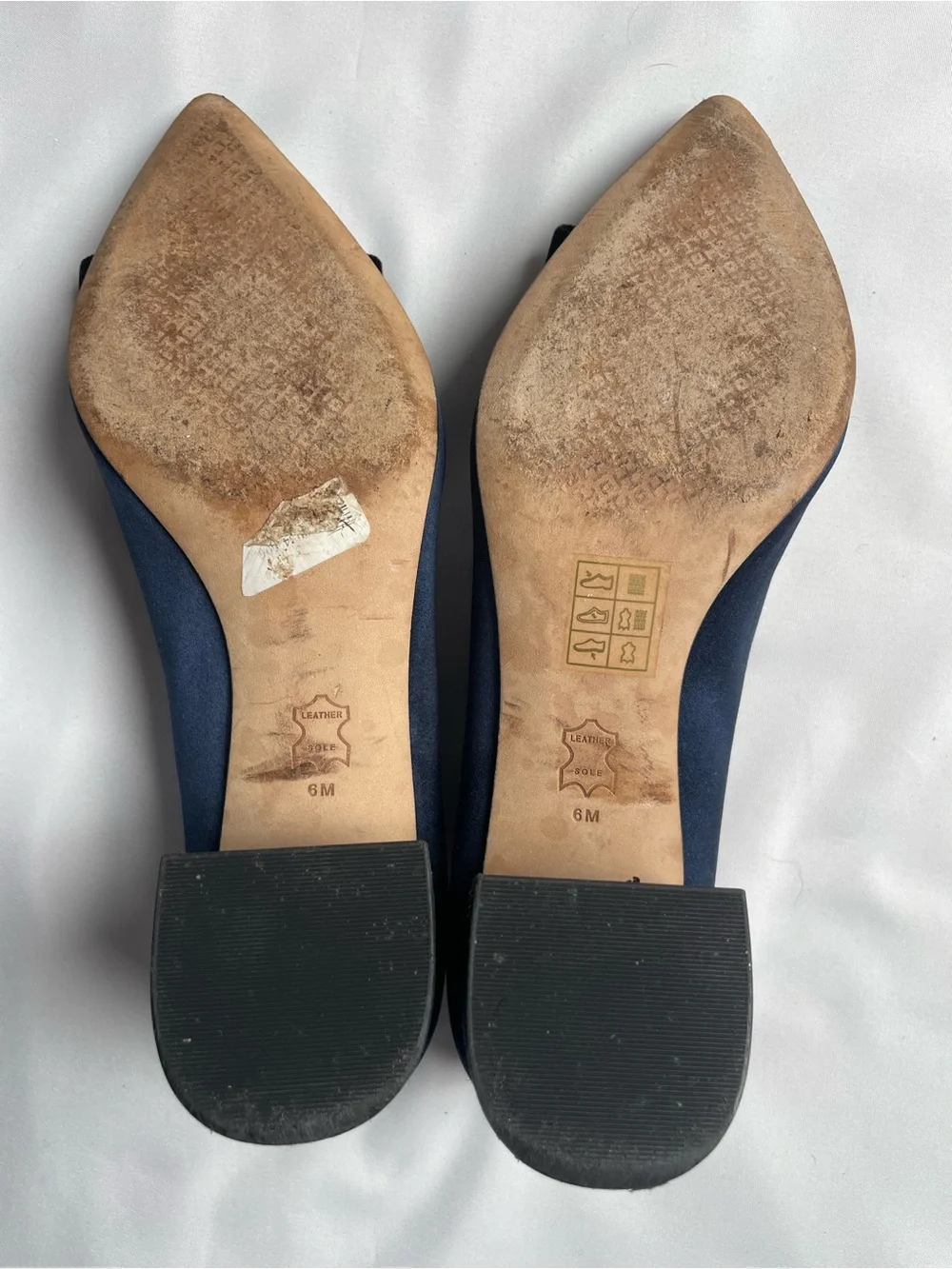 Tory Burch Navy Satin Pointed Flats with Black Velvet Bow